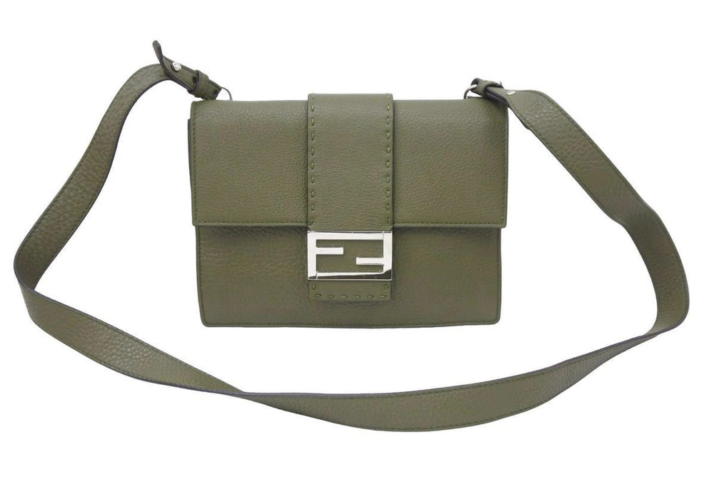 Fendi Flat Bucket Shoulder Bag Crossbody Leather Khaki Green Silver